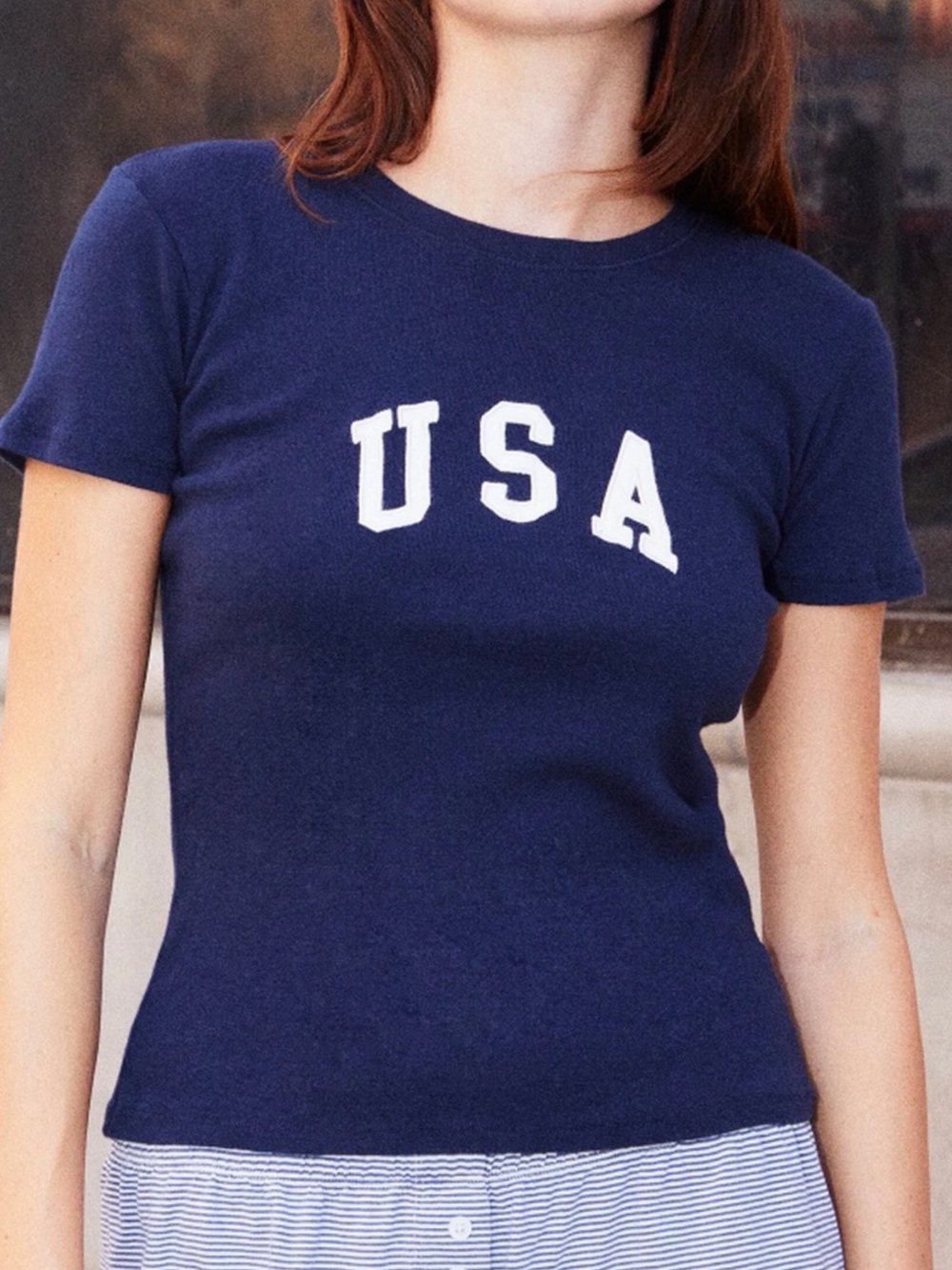 Brandy Melville Navy Tee with White USA Writing